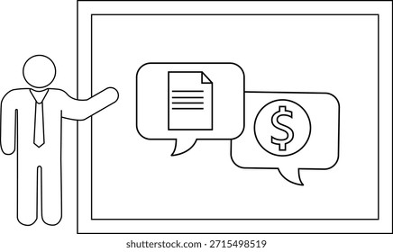 A presenter stands next to a screen showing a document and dollar sign in speech bubbles