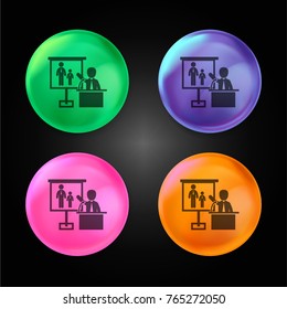 Presenter talking about people on a screen crystal ball design icon in green - blue - pink and orange.