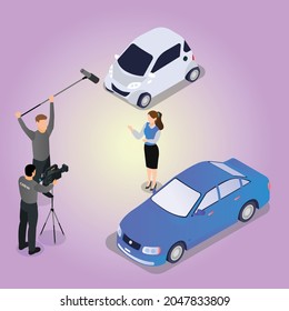 Presenter talking to camera near vehicles 3d isometric vector illustration concept for banner, website, landing page, ads, flyer