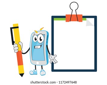 Presenter teacher trainer manager ceo smartphone funny mobile character presenting holding a big pen in hand blank empty template clipboard
