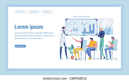 Presenter Wearing White Doctors Coat Is Making Presentation on Human Brain Anatomy and Cognition Issues to Audience. Flat Vector Starting Page Design Template with Copy Space for Extra Text.