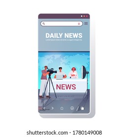 presenters broadcasting with cameraman on television people discussing daily news at modern tv studio smartphone screen mobile app full length copy space vector illustration