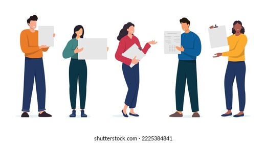Presenters characters presenting with devices and banners isolated on white background. Vector illustration.