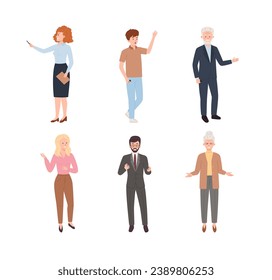 Presenters speakers explaining during presentation, flat vector illustration isolated on white background. Presenter giving a presentation to explain concept.