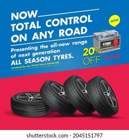 Presenting The All-new Range Of Next Generation ALL SEASON TYRES. Tire Shop Vector Banner Of Car Wheel Tyres With Tread Track Price Offer. Auto Service Discount Promotion Design. Black Friday Sale.