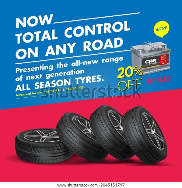 Presenting the all-new range of next generation ALL\
SEASON TYRES. Tire shop vector banner of car wheel tyres with tread\
track price offer. Auto service discount promotion design. Black\
Friday sale.