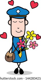 Presenting Bouquet - Retro Postman Cartoon Courier Guy Vector Illustration