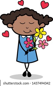 Presenting Bunch of Flowers - Retro Black Office Girl Cartoon Vector Illustration