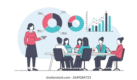 Presenting Business Growth Strategies and Financial Performance Data to a Team of Professionals in a Modern Office Setting