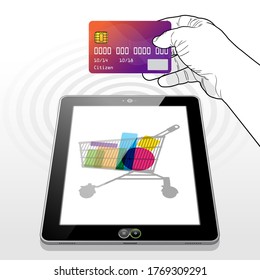 Presenting a credit card to make a payment transaction while shopping online using a Tablet PC. 
