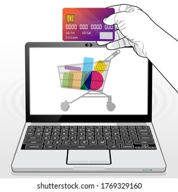 Presenting a credit card to make a payment transaction while shopping online using a Laptop Computer. 