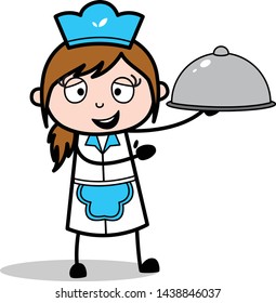 Presenting Dish - Retro Cartoon Waitress Female Chef Vector Illustration