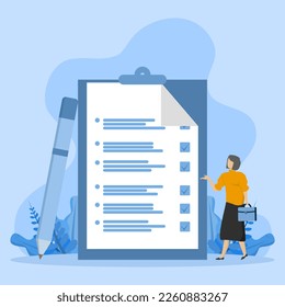 presenting documents, checklist marked on clipboard paper Successfully make your business successful, woman recommends to check documents properly, illustration, cartoon character, vector