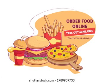 Presenting Fast Food And Disposable Drink Cup For Order Food Online, Take Out Available, Contactless Delivery.