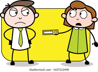 Presenting a File to Her Angry Boos - Office Businessman Employee Cartoon Vector Illustration