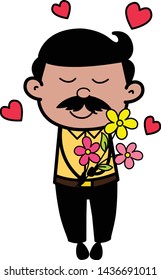 Presenting Flowers - Indian Cartoon Man Father Vector Illustration