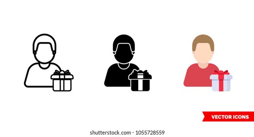 Presenting gift congratulation icon of 3 types: color, black and white, outline. Isolated vector sign symbol.