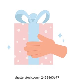 Presenting a Gift. Hand Holding Gift Box with Ribbon and Bow. Surprise Holiday Present. Flat Vector Illustration.
