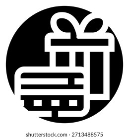 Presentación de un ícono gráfico que muestra una caja de regalo envuelta con un lazo y una Tarjeta de regalo que la acompaña, que representa conceptos de generosidad, celebración y sorpresas especiales