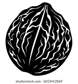 Presenting a high contrast silhouette of a walnut in black, set against a white backdrop. This monochrome image highlights the nut's distinctive texture and form with sharp lines.