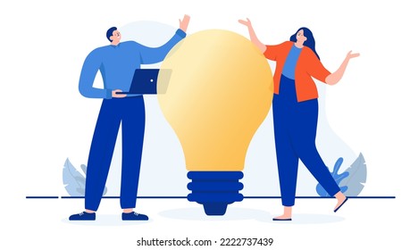 Presenting idea work - Man and woman in office working on new ideas together with big light bulb. Flat design cartoon vector illustration with white background
