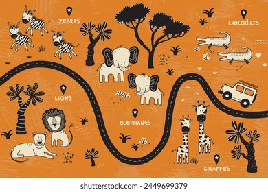 Presenting journey through the African savanna with this playful cartoon map. Exciting safari tour across winding road amidst majestic wildlife. Nice for youngsters and travel enthusiasts alike