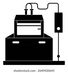 Aparelho de laboratório em preto sólido, com tubagem visível e ligações elétricas. Este vetor é perfeito para projetos científicos ou técnicos.