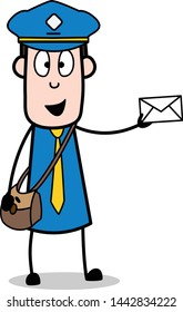 Presenting Letter - Retro Postman Cartoon Courier Guy Vector Illustration