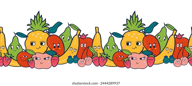 Presentando una animada familia de personajes afrutados en vibrante ilustración de borde dibujada a mano. Con una deliciosa mezcla que incluye mangos, bayas, estos bebés encantadores añaden calidez y encanto a su diseño.