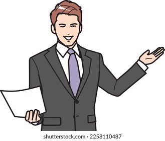 Presenting man, upper body figure.