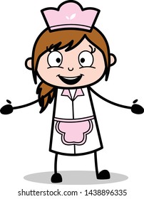 Presenting with Open Hands - Retro Cartoon Waitress Female Chef Vector Illustration