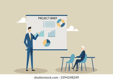 Presenting the project plan. Businessman leading a project briefing, outlining goals, strategies, and workflow on a whiteboard. Project management and teamwork concept.