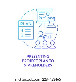 Vorstellung des Projektplans für die Interessenträger Symbol für blaues Farbverlauf-Konzept. Business Development Stadium abstrakte Idee dünne Linie Illustration. Einzeln Umrisszeichnung. Myriad Pro-Fett-Schriftart verwendet