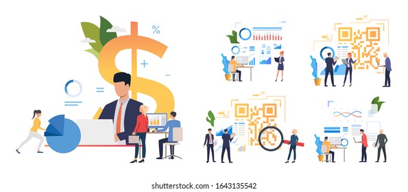 Presenting reports set. Businesspeople analyzing graphs and reports. Flat vector illustrations. Business, commerce, analysis concept for banner, website design or landing web page