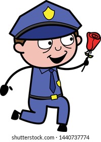 Presenting a Rose - Retro Cop Policeman Vector Illustration