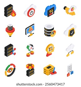 Presenting a set of isometric icons conceptualizing big data vectors. Cloud Computing, data management, artificial intelligence along with business data are designed on white background.