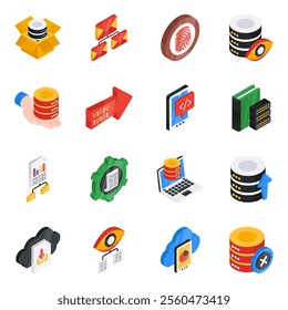 Presenting a set of isometric icons conceptualizing big data vectors. Cloud Computing, data management, artificial intelligence along with business data are designed on white background.