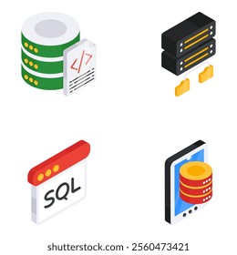 Presenting a set of isometric icons conceptualizing big data vectors. Cloud Computing, data management, artificial intelligence along with business data are designed on white background.