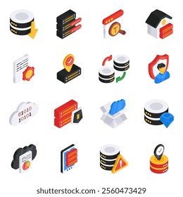 Presenting a set of isometric icons conceptualizing big data vectors. Cloud Computing, data management, artificial intelligence along with business data are designed on white background.