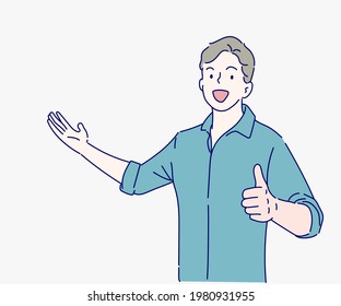 ฺีBusinessman presenting and showing thumbs up OK sign, Hand drawn in thin line style, vector illustrations.