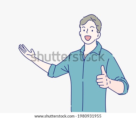 ฺีBusinessman presenting and showing thumbs up OK sign, Hand drawn in thin line style, vector illustrations.