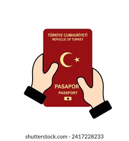 Presenting a sleek vector representation of hands holding a Turkish passport, this design captures the essential elements of national identity and travel readiness. With its bold colors and clear imag