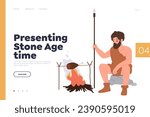 Presenting stone age time landing page design template with tribesman character cooking on fire