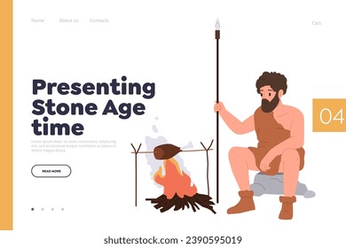 Presenting stone age time landing page design template with tribesman character cooking on fire