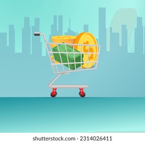 Presenting Successful Bank Credit Card with Contactless Pay Technology Usage. Metaphor Trolley Cart Full of Gold Coins. Flat Thumbs-up Sign. Wireless Money Transaction Vector Illustration