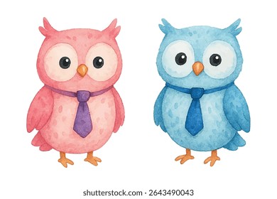Presenting two adorable, cartoon owls, one pink and one blue, both sporting cute ties. Perfect for kid's designs, educational themes, or charming illustrations.