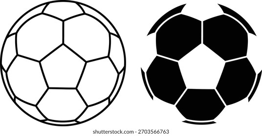 Presenting two distinct soccer ball icons, one outlined in black and one filled in solid black, perfect for sports themes and simplistic artwork. Transparent background.