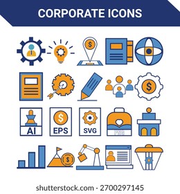 Apresentando um conjunto versátil e moderno de ícones de negócios corporativos, perfeito para aprimorar seus projetos profissionais. Esta coleção abrangente apresenta uma ampla gama de conceitos empresariais essenciais,