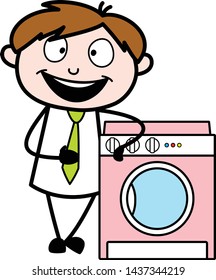 Presenting a Washing Machine - Office Salesman Employee Cartoon Vector Illustration