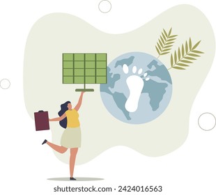 presenting way to reduce CO2 emission footprint through carbon offset, credit and forest conservation. Low carbon concept.Solar panel and alternative energy.